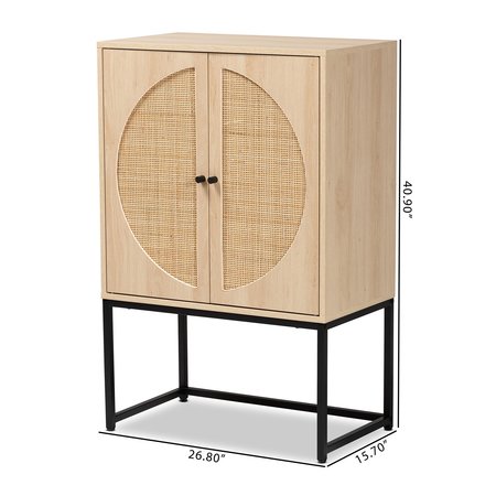 Baxton Studio Ardon Bohemian Light Brown Finished Wood and Black Metal 2-Door Storage Cabinet with Natural Rattan 196-12077-ZORO